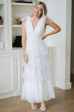 white pearl mesh tiered maxi dress
