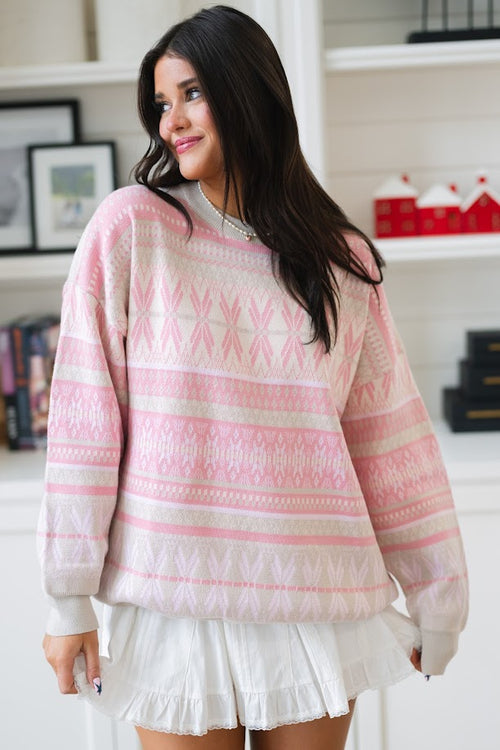 blush winter sweater with cream fair isle pattern