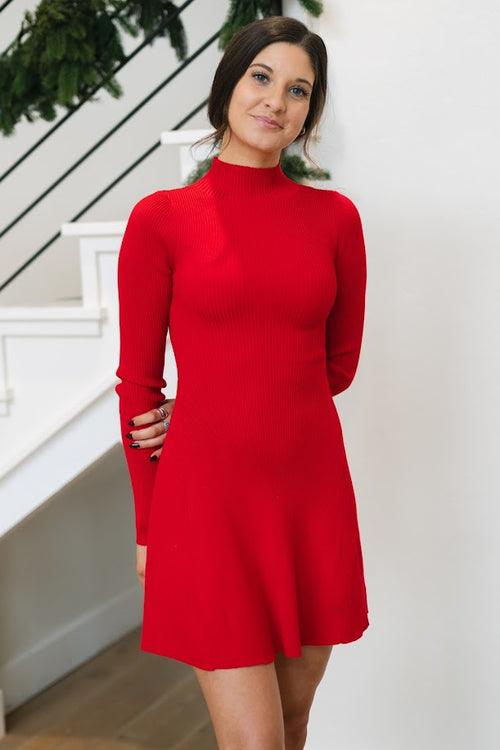red ribbed sweater dress with mock neck