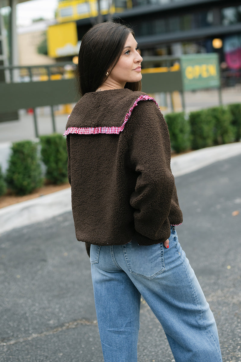soft sherpa jacket with gingham trim