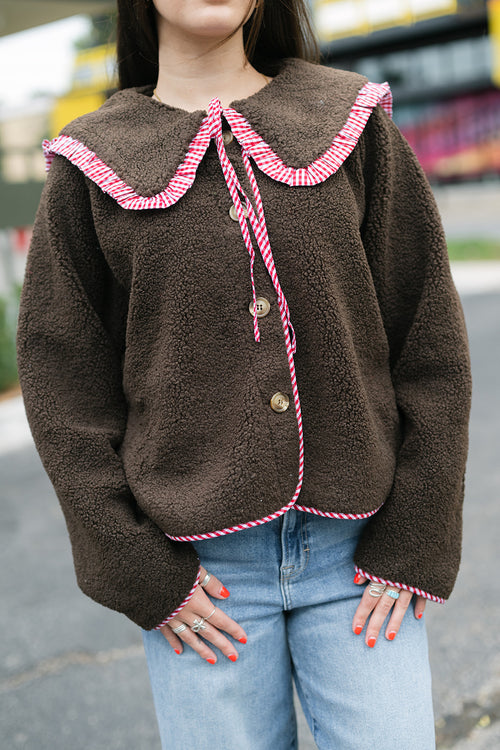 lucca gingham trim teddy jacket