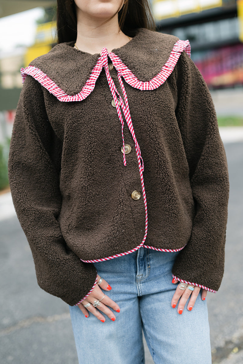 lucca gingham trim teddy jacket