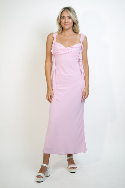 pink ruffle maxi dress for weddings