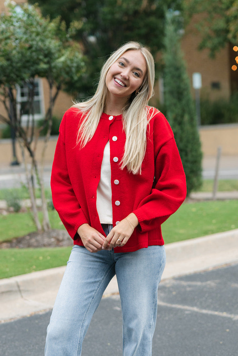 cozy red knit sweater with buttons
