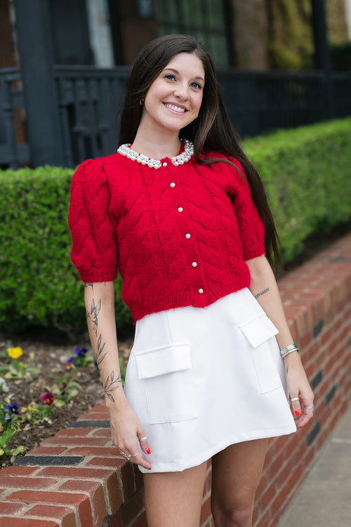 red pearl neck crop cardigan