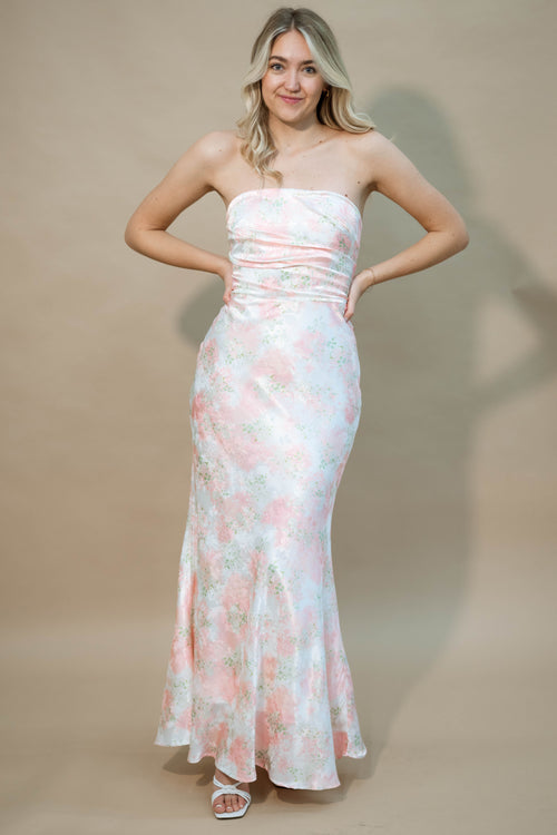 long strapless satin pink floral dress