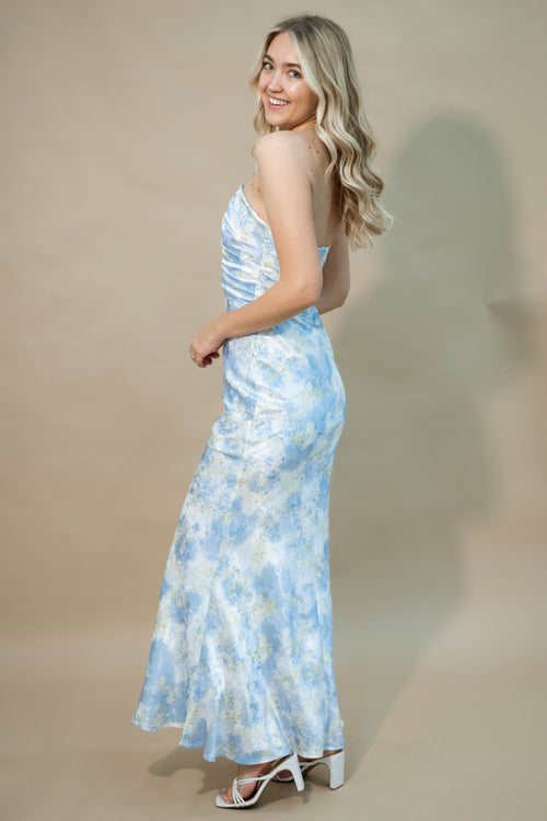 blue floral satin midi maxi dress