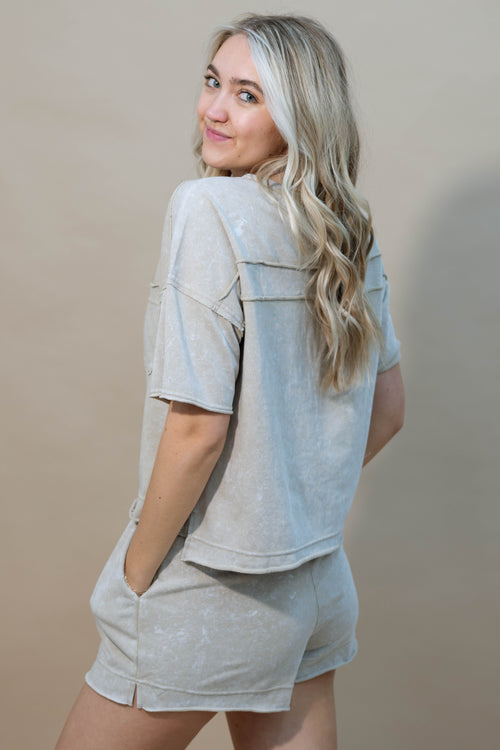 Two piece taupe mineral wash shorts set
