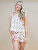 Vintage rose print pajama set with tie shoulders