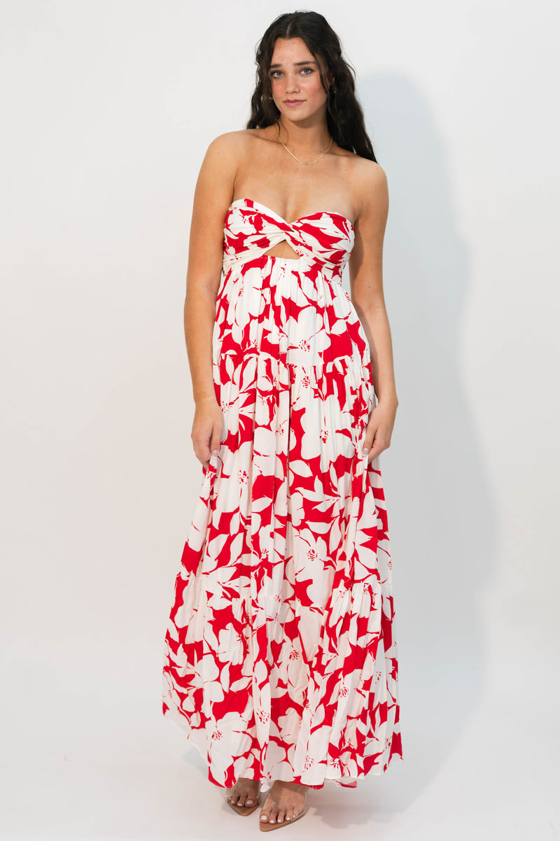 Bright red background with cream floral print