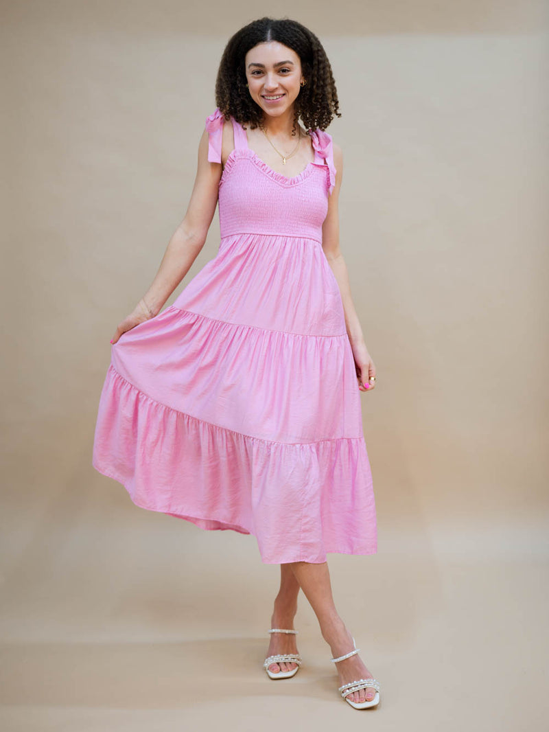 Pink tiered midi dress spring