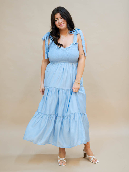 Blue tiered midi dress spring