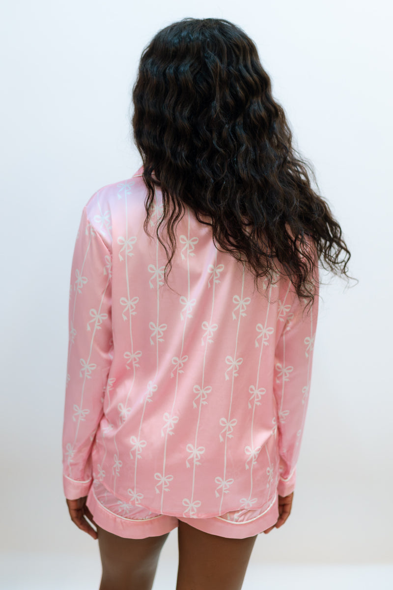 Satin Ribbon Pajama Top - Pink