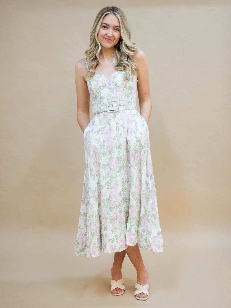 Vintage floral midi dress with belt