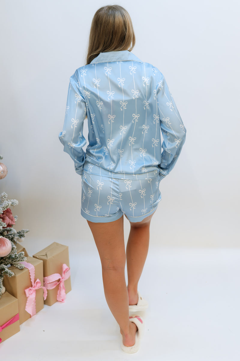 Satin Ribbon Pajama Top - Blue