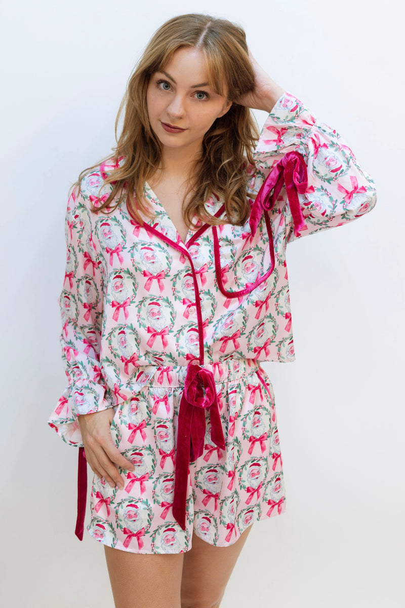 Santa & Bow Pajama Set - Pink