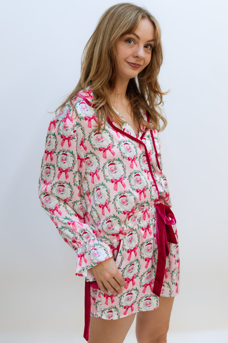 Santa & Bow Pajama Set - Pink