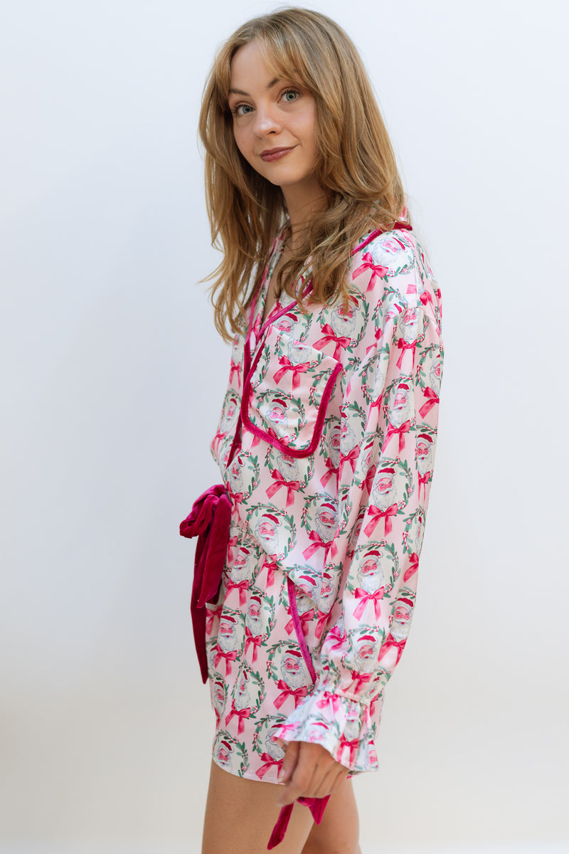 Santa & Bow Pajama Set - Pink