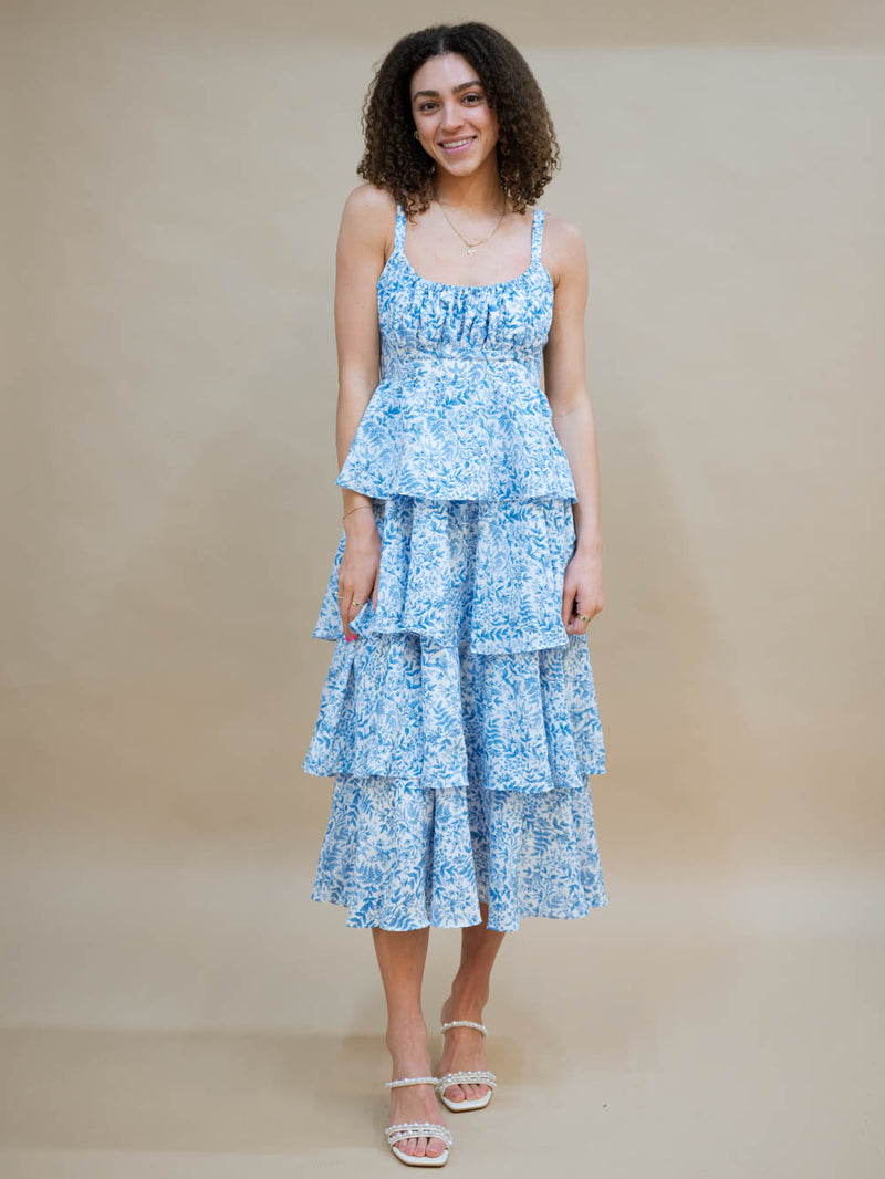 Blue tiered ruffle midi dress