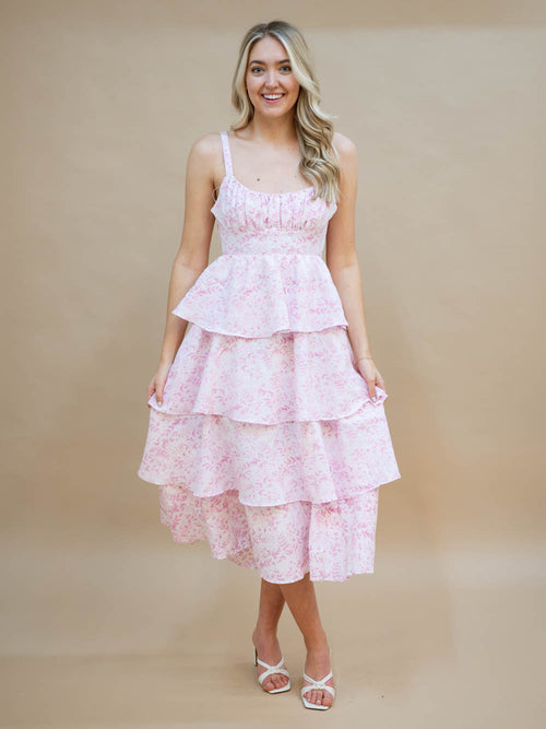 Pink tiered ruffle midi dress