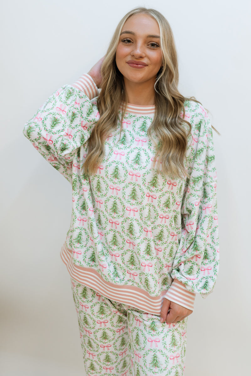 Christmas Tree & Bow Loungewear Top