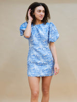 Blue floral jacquard mini dress