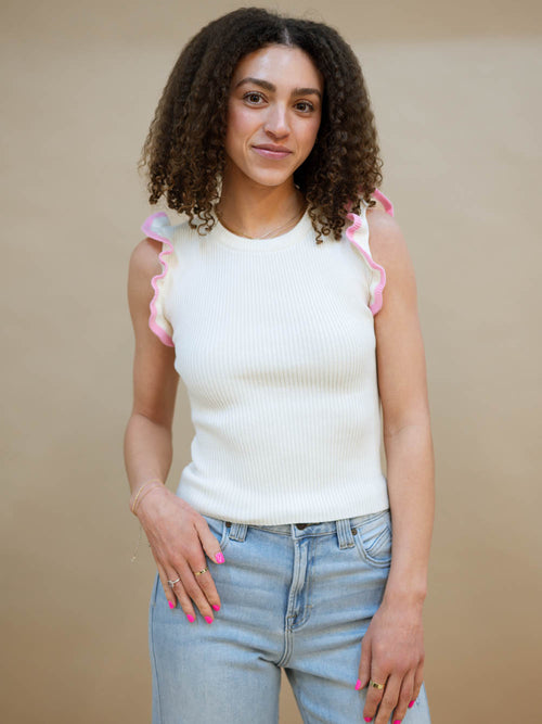 Cream ribbed tank with pink trim