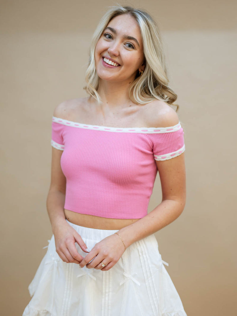 Pink off shoulder crop top with scalloped trim