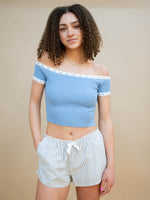 Blue off shoulder crop top with scalloped trim