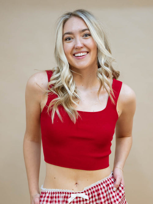 Red square neck crop top