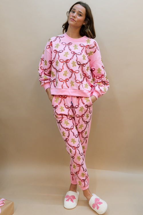 [Queen of Sparkles] Light Pink Gingerbread Men & Bows Joggers
