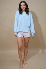 Balloon sleeve blue bow embroidered pullover