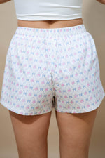 Blue bow lattice print cotton shorts