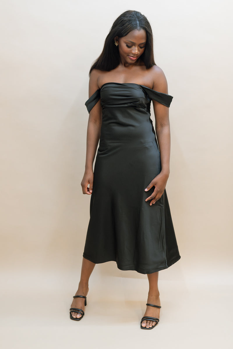 black satin off shoulder midi dress