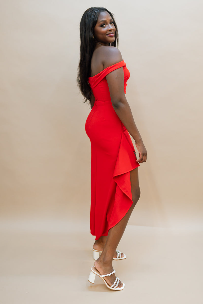 side slit ruffle ruched red dress for holiday parties