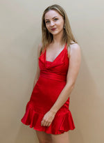 red satin cowl neck mini dress