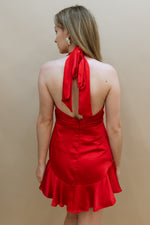 halter satin red dress