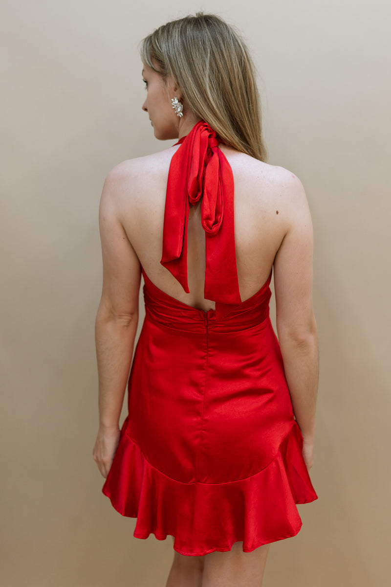 halter satin red dress