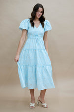 Baby blue eyelet midi dress with puff sleeves