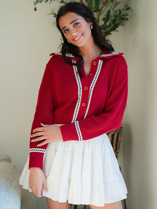 Vintage inspired red cardigan scallop trim