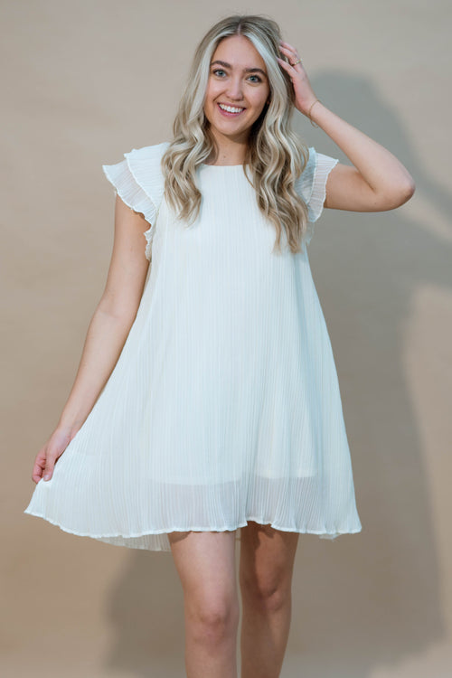 Ivory pleated mini dress flutter sleeves