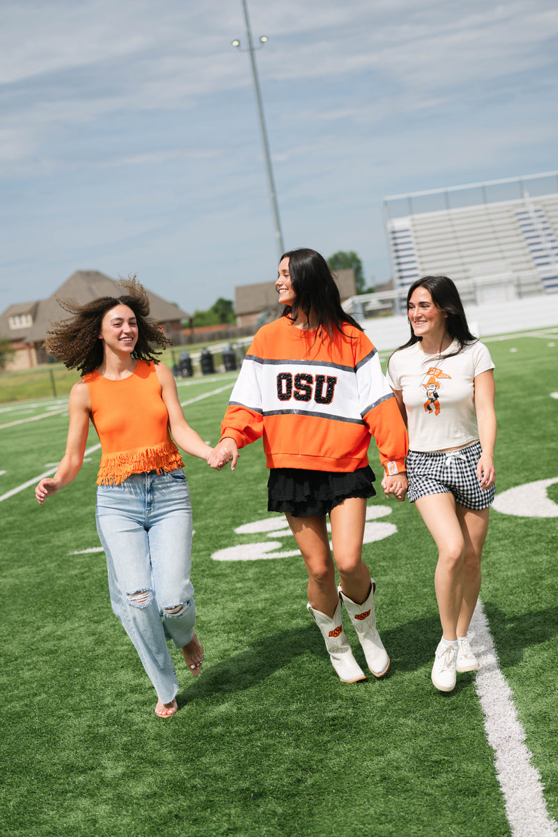 Oklahoma State orange game day fringe top