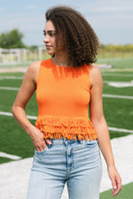 Orange fringe top sleeveless ribbed knit
