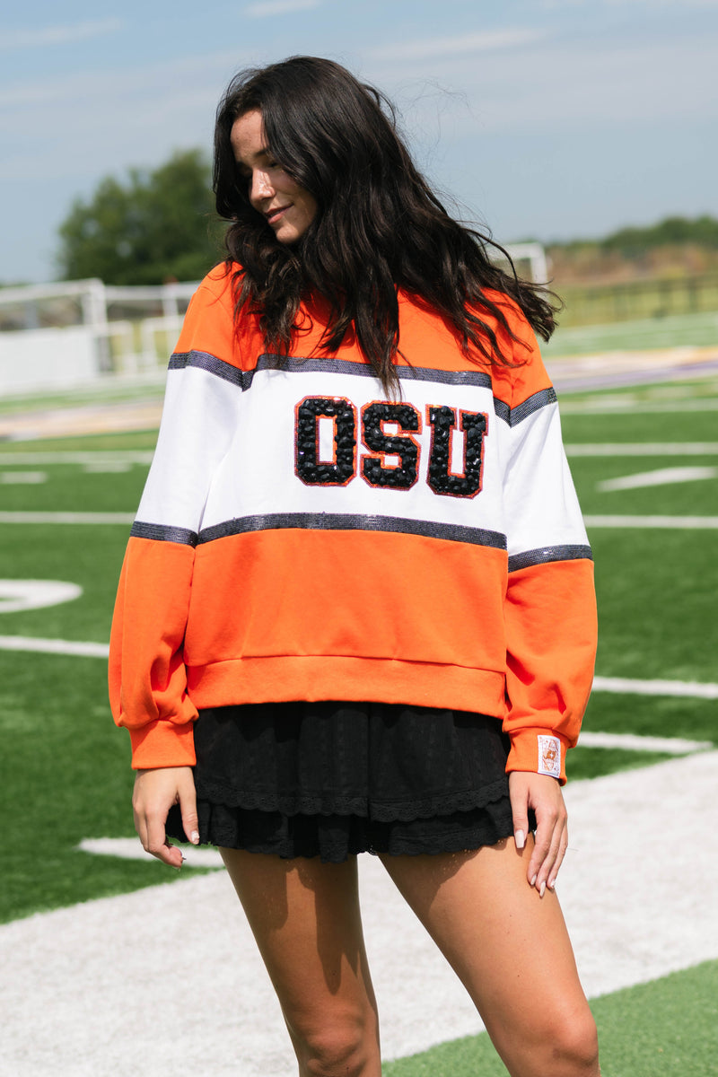 OSU color block sweatshirt jeweled letters