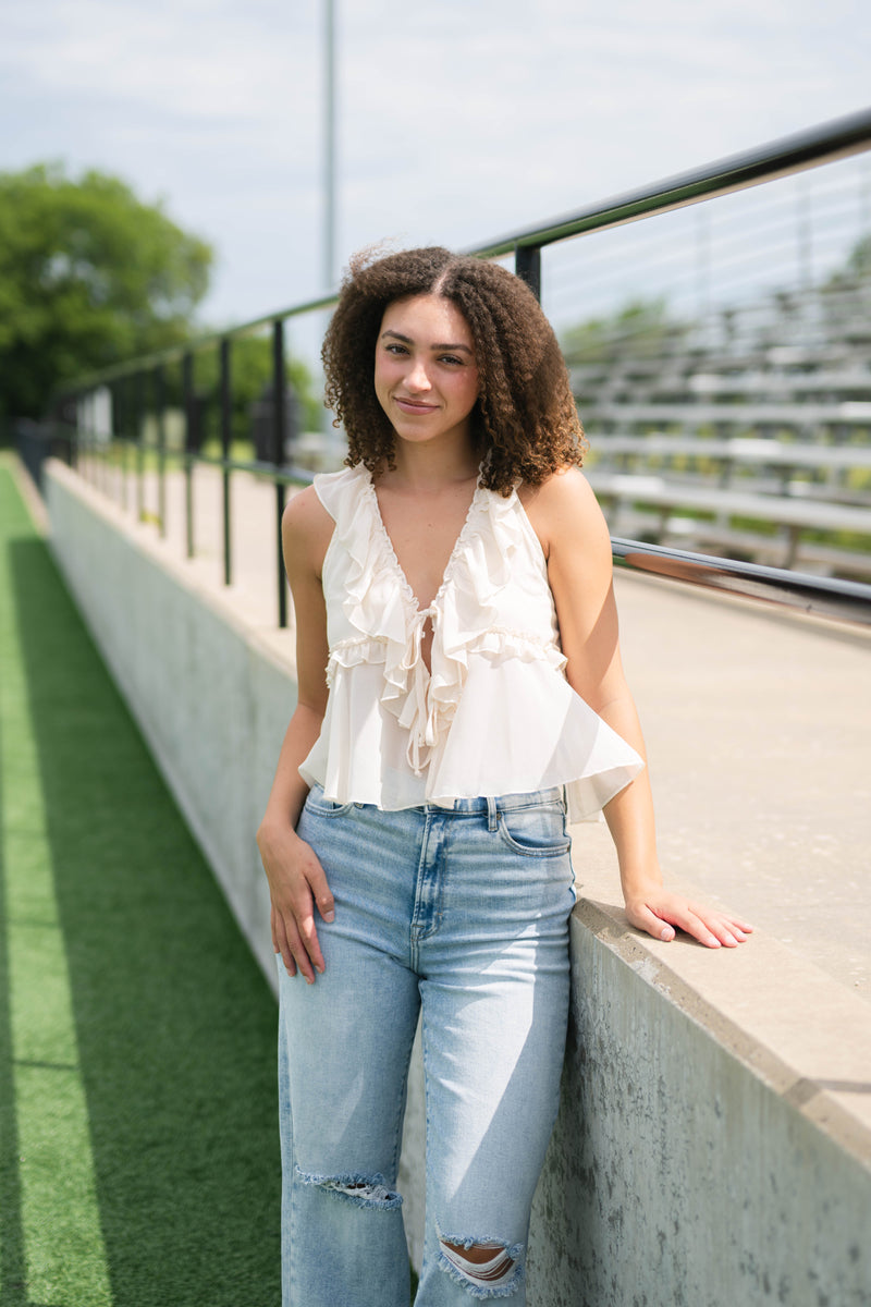 Soft girl cream ruffle top V-neck