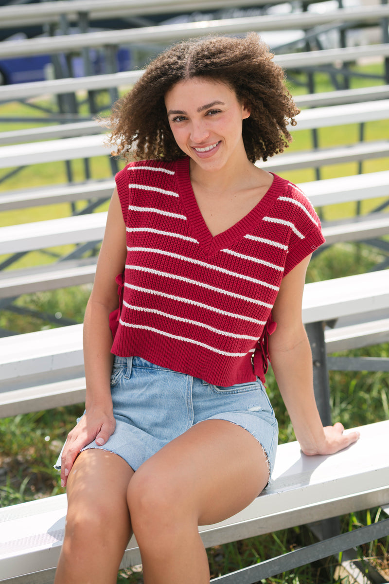 Crimson red striped sweater vest preppy