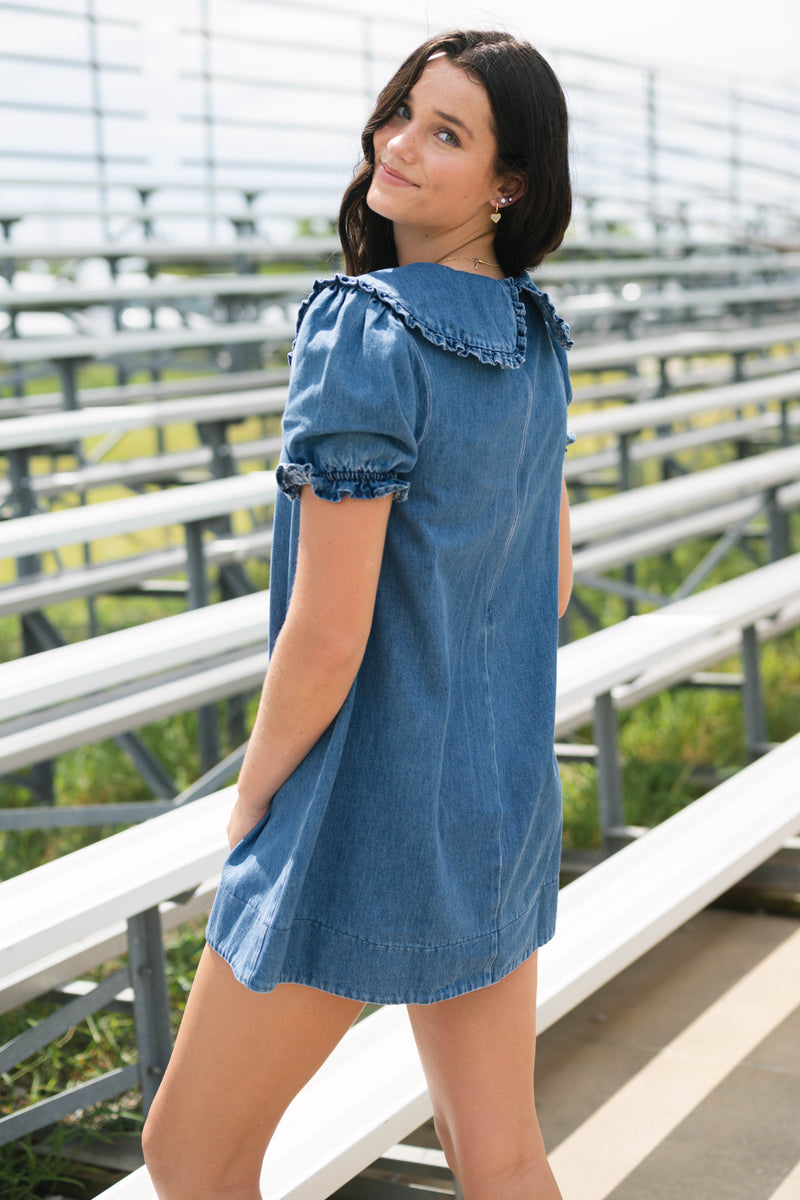 Retro collar dress light blue chambray
