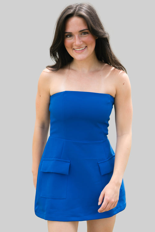 royal blue strapless romper