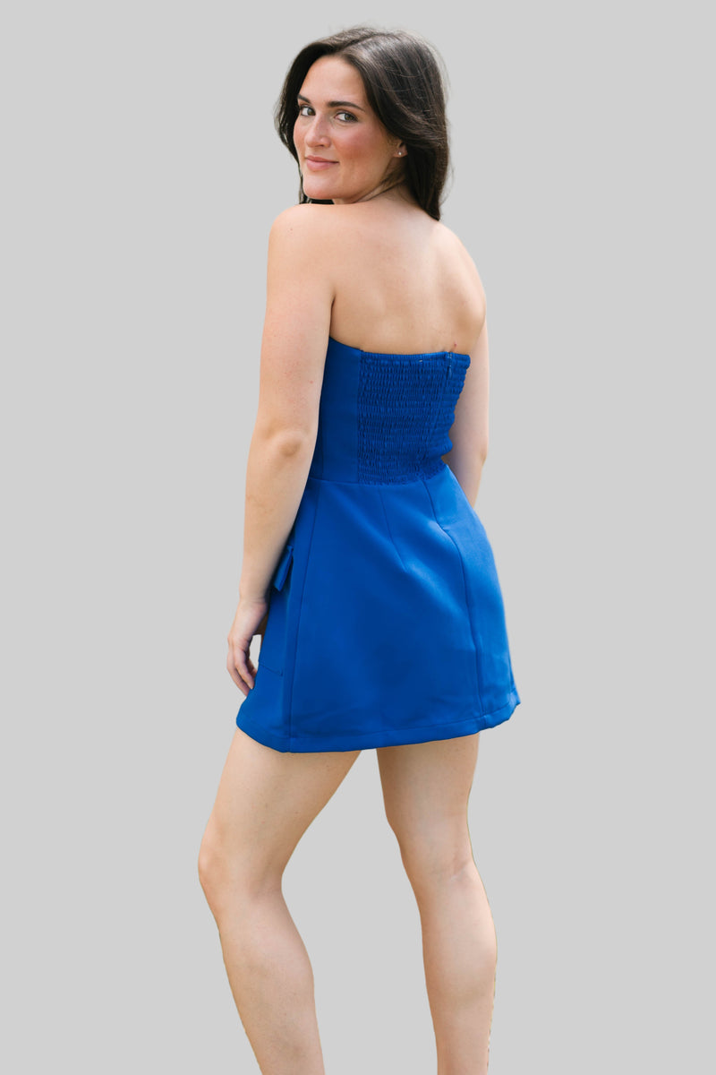 strapless sophisticated blue date night outfit