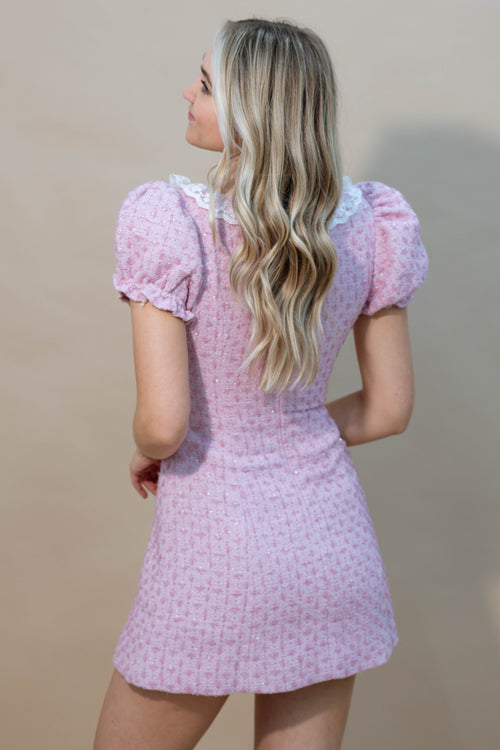 Spring wedding guest dress pink tweed texture